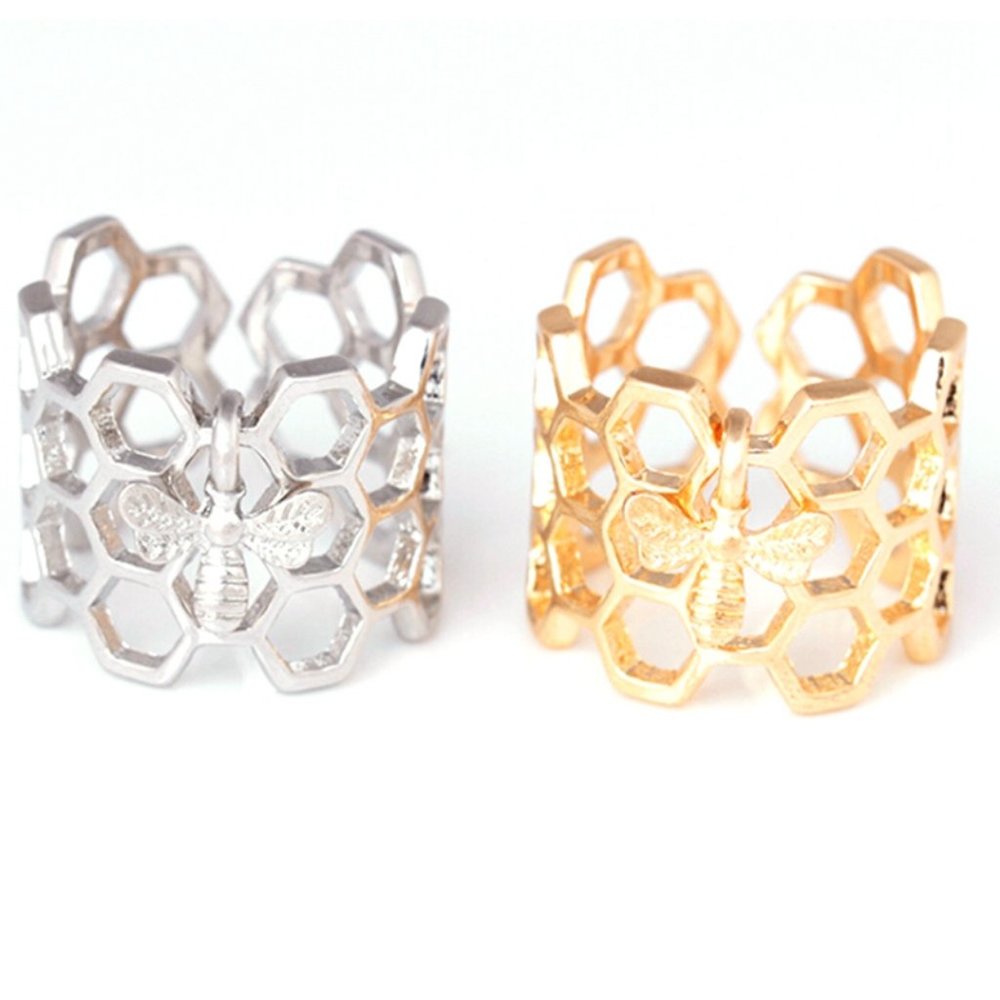 Bee Honeycomb Open Hexagon Gold Steel Ring - Adj. - Picture 2 of 5